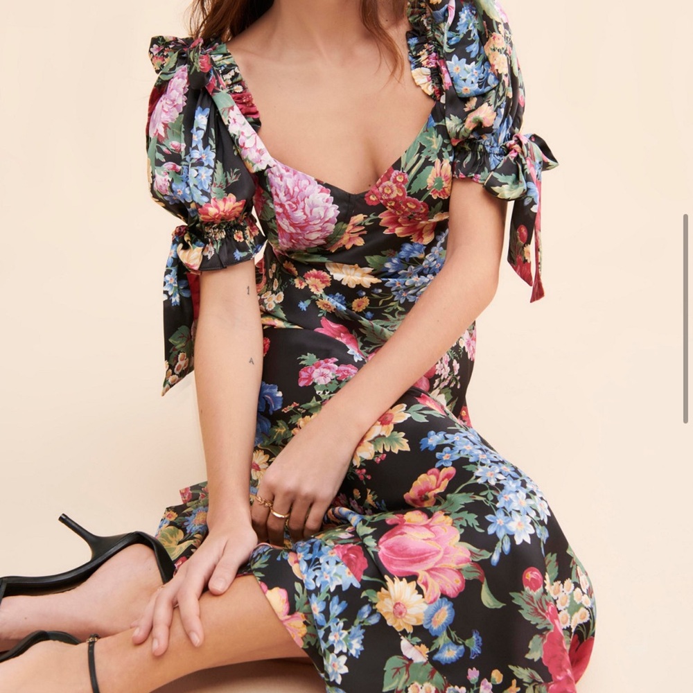 Selkie Floral Poet Slip Dress - Black, Pink, Blue, Green, Silk - Picture 4 of 8
